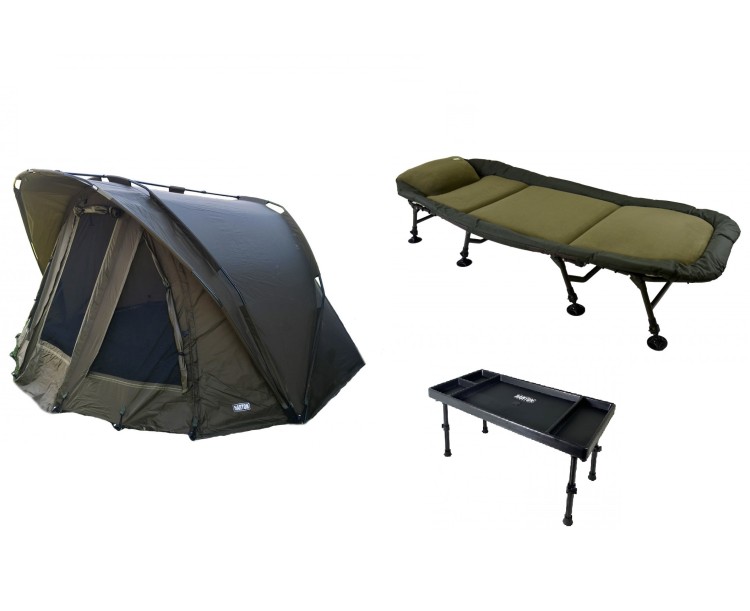 Bivak Harton Patron + Lehátko Harton Comfort Flat 8-legs + Harton kaprařský stolek Bivvy Table